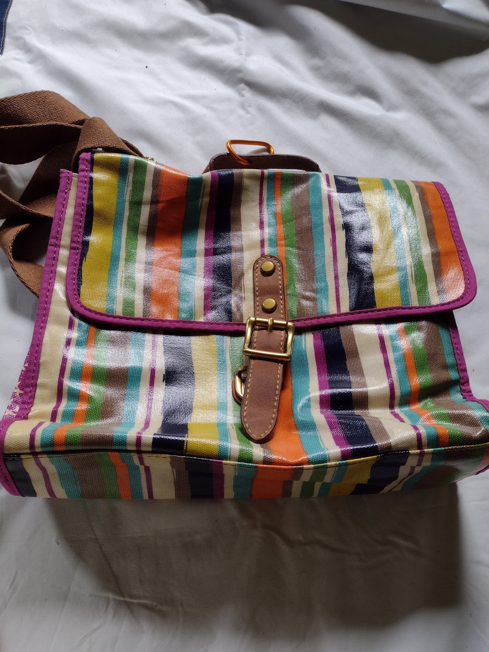 Fossil Pink Bird-Print Crossbody Bag with Striped Trim